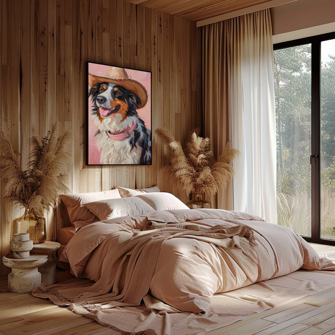 Capture the charm of the West with this delightful portrait of a dog donning a cowboy hat. The soft for Bedroom