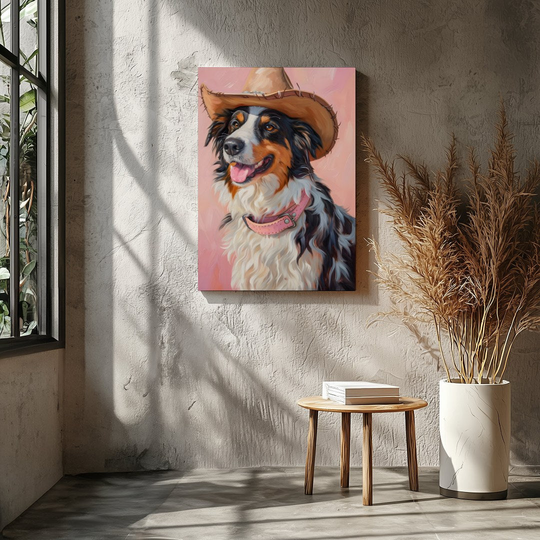 Capture the charm of the West with this delightful portrait of a dog donning a cowboy hat. The soft for Entrance