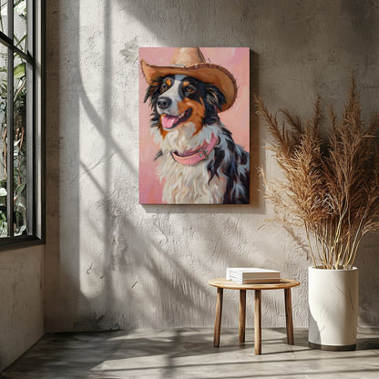 Capture the charm of the West with this delightful portrait of a dog donning a cowboy hat. The soft for Entrance