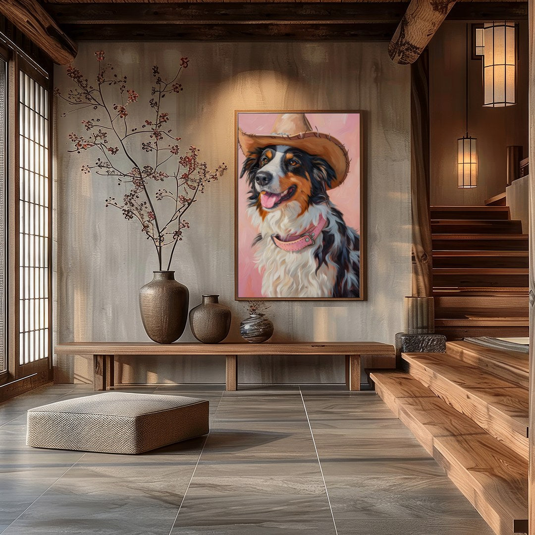 Capture the charm of the West with this delightful portrait of a dog donning a cowboy hat. The soft for Hall