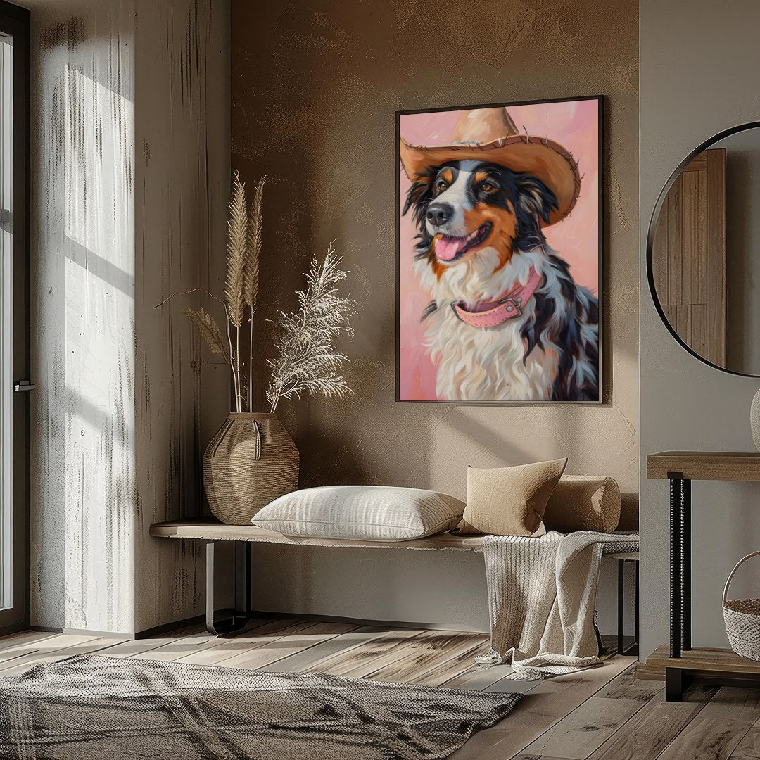 Capture the charm of the West with this delightful portrait of a dog donning a cowboy hat. The soft for house
