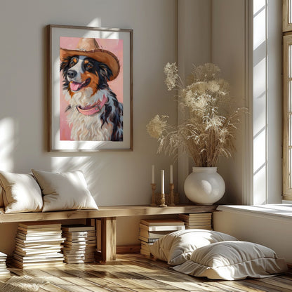 Capture the charm of the West with this delightful portrait of a dog donning a cowboy hat. The soft for residence