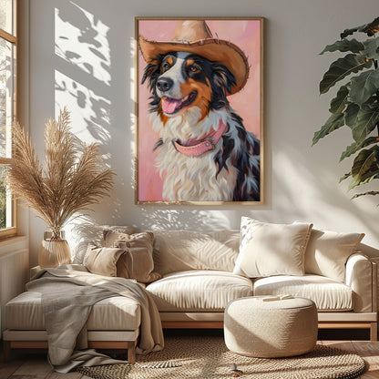 Capture the charm of the West with this delightful portrait of a dog donning a cowboy hat. The soft for Sitting Area