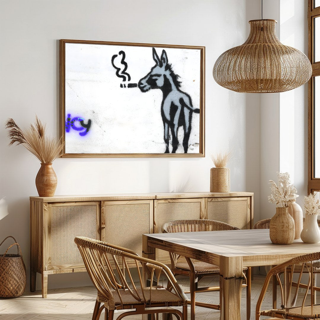 This whimsical piece captures a donkey in an unexpected urban context, exuding playful charm and for Dining
