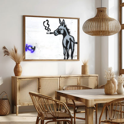 This whimsical piece captures a donkey in an unexpected urban context, exuding playful charm and for Dining