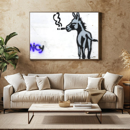 This whimsical piece captures a donkey in an unexpected urban context, exuding playful charm and for Family Room