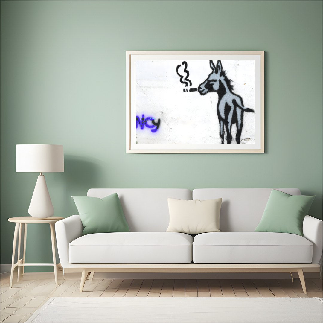 This whimsical piece captures a donkey in an unexpected urban context, exuding playful charm and for Hall