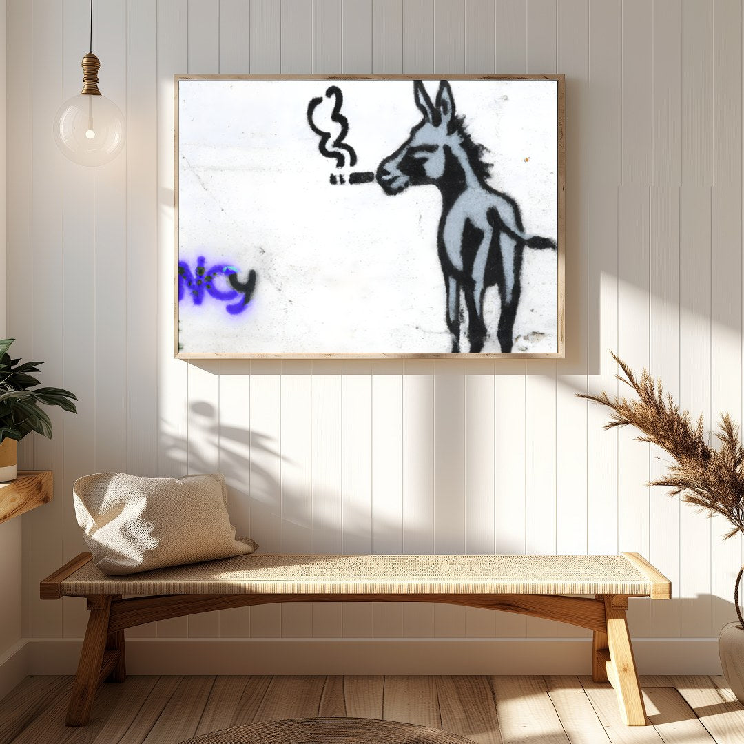 This whimsical piece captures a donkey in an unexpected urban context, exuding playful charm and for Hallway