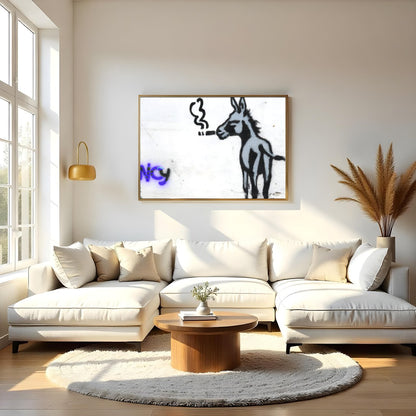 This whimsical piece captures a donkey in an unexpected urban context, exuding playful charm and for Living Room