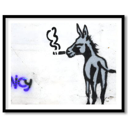 This whimsical piece captures a donkey in an unexpected urban context, exuding playful charm and for residence