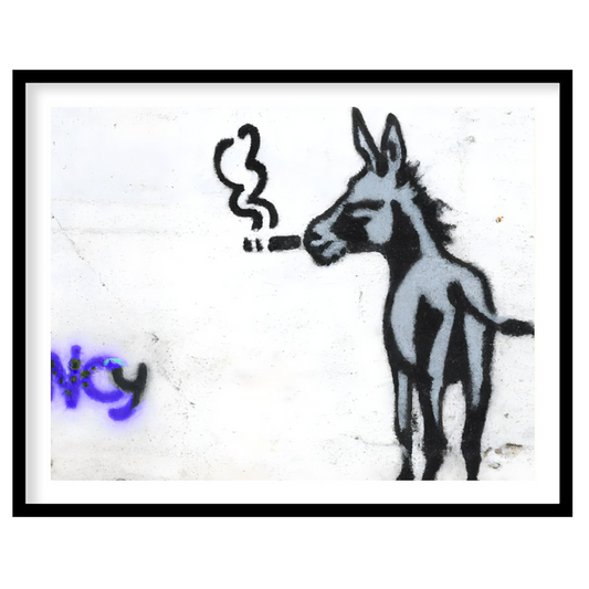 This whimsical piece captures a donkey in an unexpected urban context, exuding playful charm and for residence