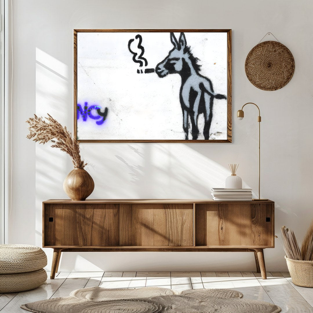 This whimsical piece captures a donkey in an unexpected urban context, exuding playful charm and for Sitting Area