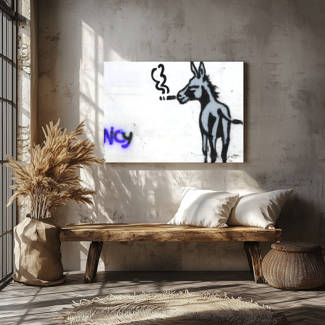 This whimsical piece captures a donkey in an unexpected urban context, exuding playful charm and for Veranda