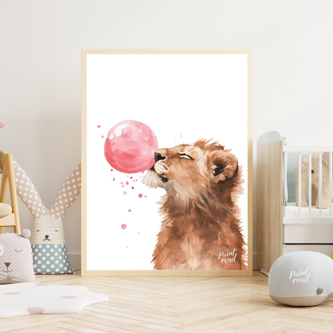 This captivating watercolor illustration showcases a young lion cub in a moment of playful whimsy, … for nursery
