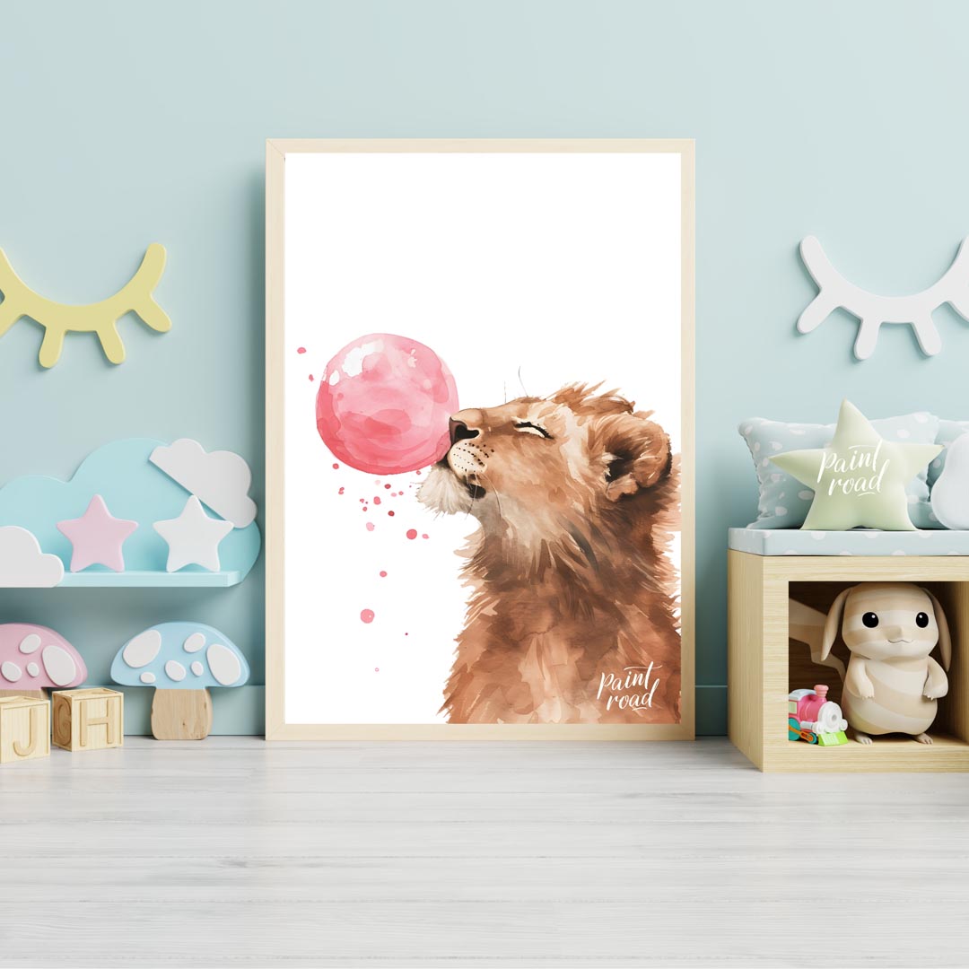 This captivating watercolor illustration showcases a young lion cub in a moment of playful whimsy, … for nursery