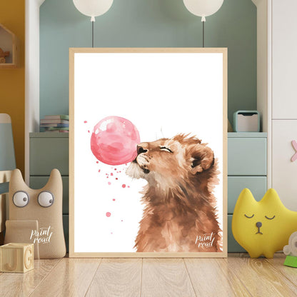 This captivating watercolor illustration showcases a young lion cub in a moment of playful whimsy, … for nursery