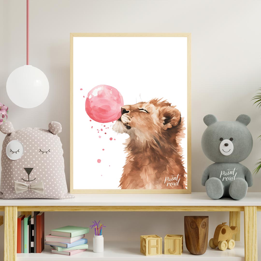 This captivating watercolor illustration showcases a young lion cub in a moment of playful whimsy, … for nursery