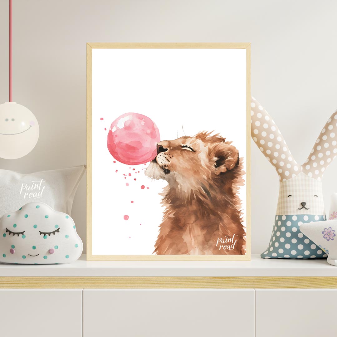 This captivating watercolor illustration showcases a young lion cub in a moment of playful whimsy, … for nursery