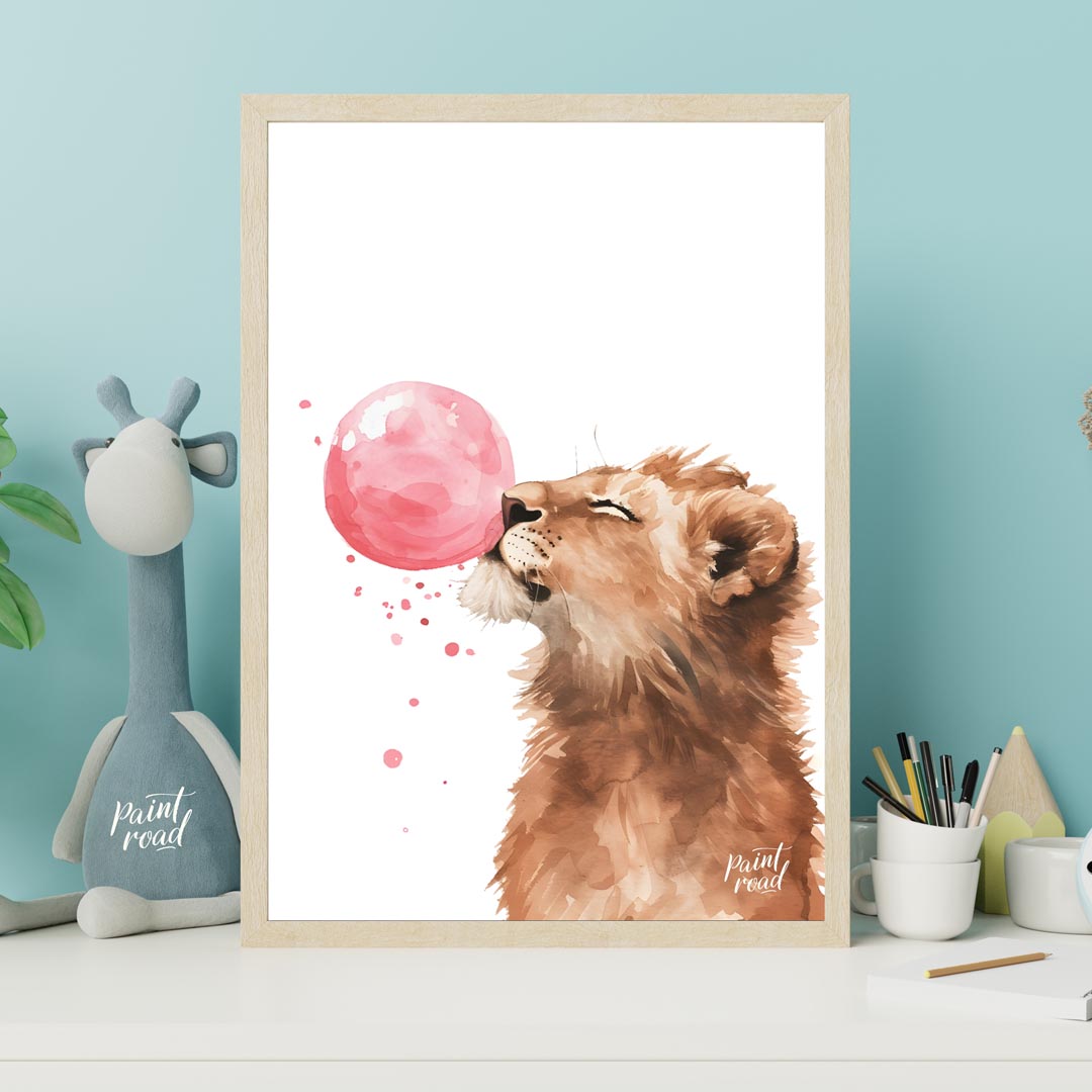 This captivating watercolor illustration showcases a young lion cub in a moment of playful whimsy, … for nursery