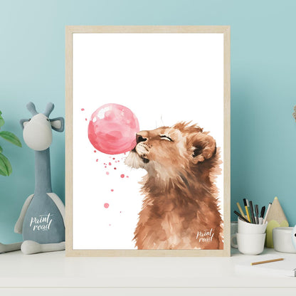 This captivating watercolor illustration showcases a young lion cub in a moment of playful whimsy, … for nursery