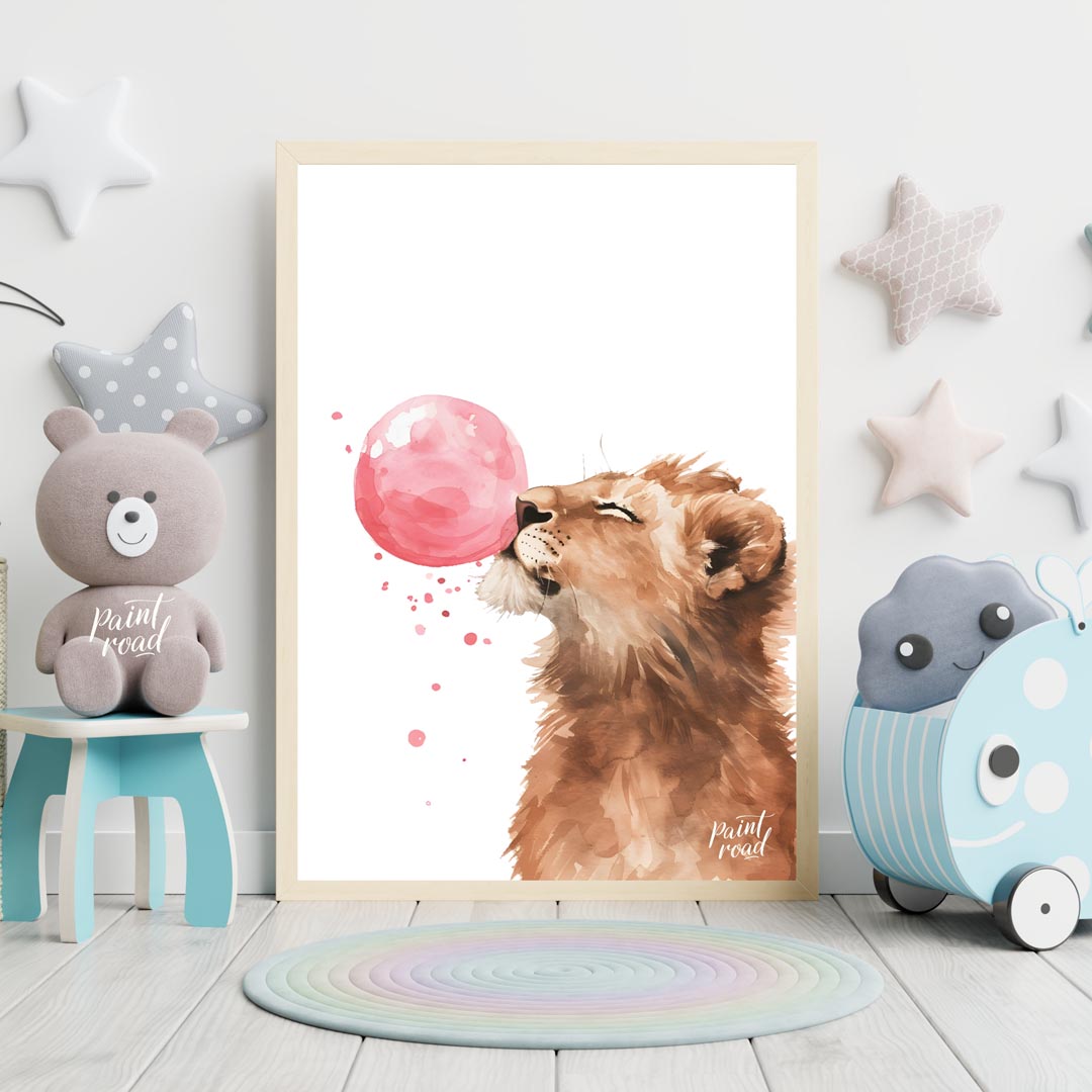 This captivating watercolor illustration showcases a young lion cub in a moment of playful whimsy, … for nursery