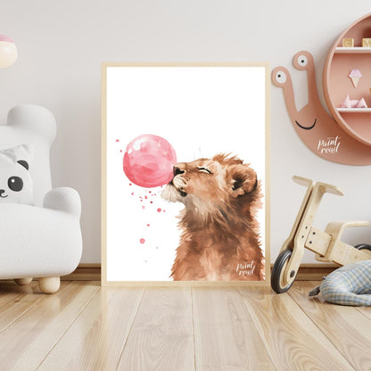 This captivating watercolor illustration showcases a young lion cub in a moment of playful whimsy, … for nursery