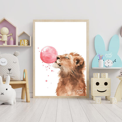 This captivating watercolor illustration showcases a young lion cub in a moment of playful whimsy, … for nursery