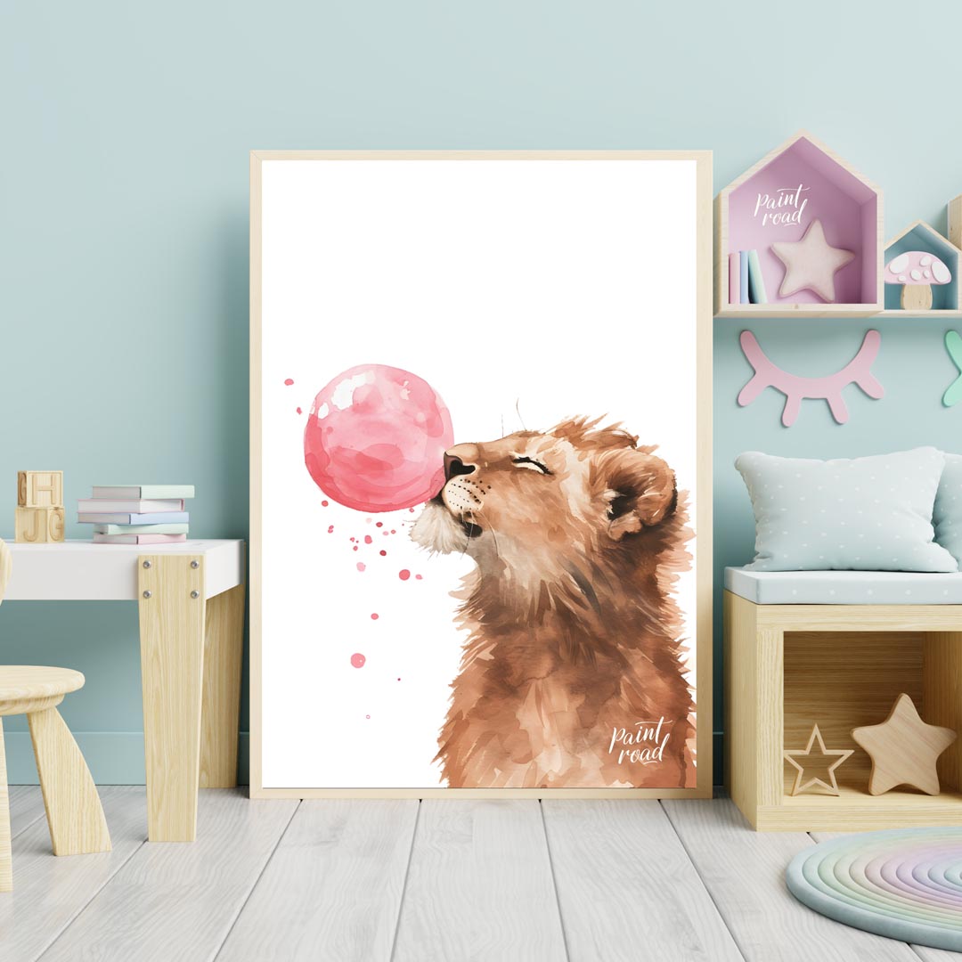 This captivating watercolor illustration showcases a young lion cub in a moment of playful whimsy, … for nursery