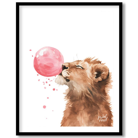 This captivating watercolor illustration showcases a young lion cub in a moment of playful whimsy, … for room