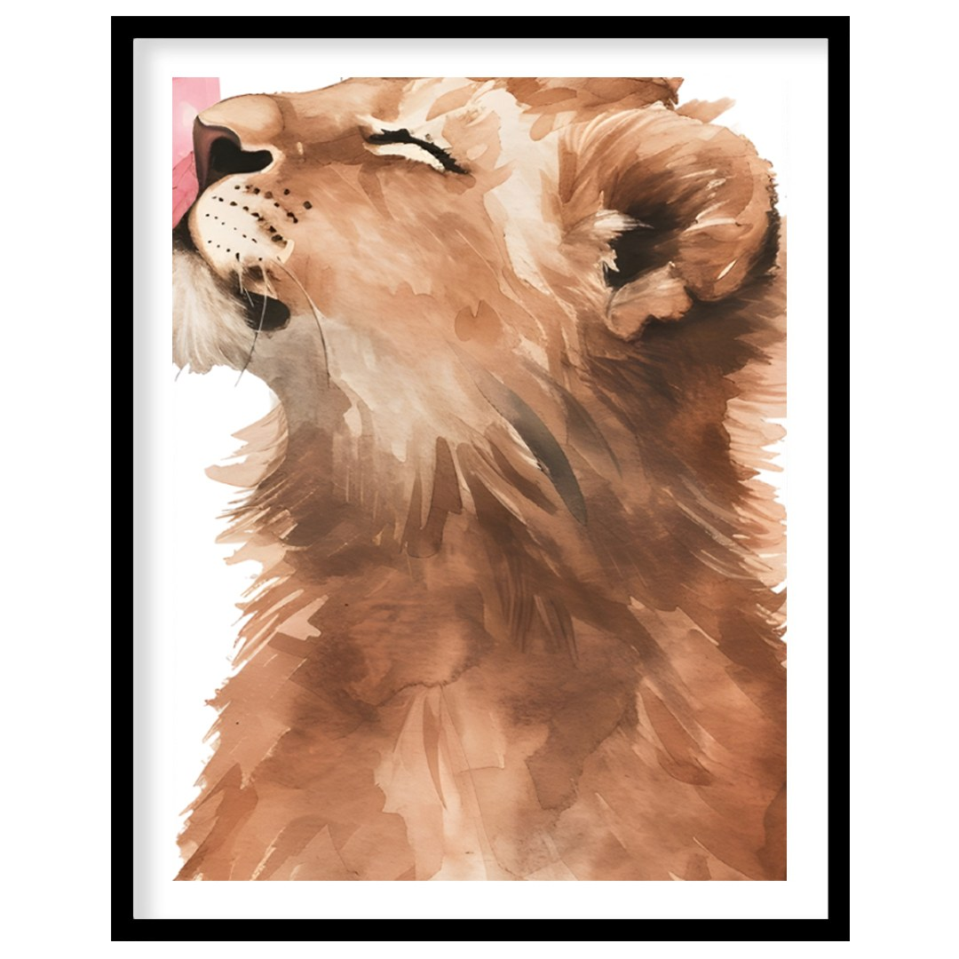This captivating watercolor illustration showcases a young lion cub in a moment of playful whimsy, … for room