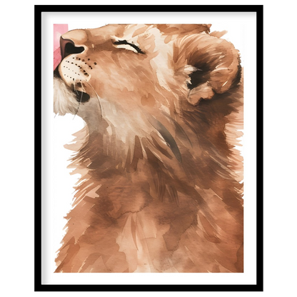 This captivating watercolor illustration showcases a young lion cub in a moment of playful whimsy, … for room
