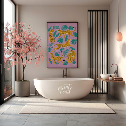 This vibrant and whimsical artwork features an array of stylized leopards in various playful poses,… for bathroom