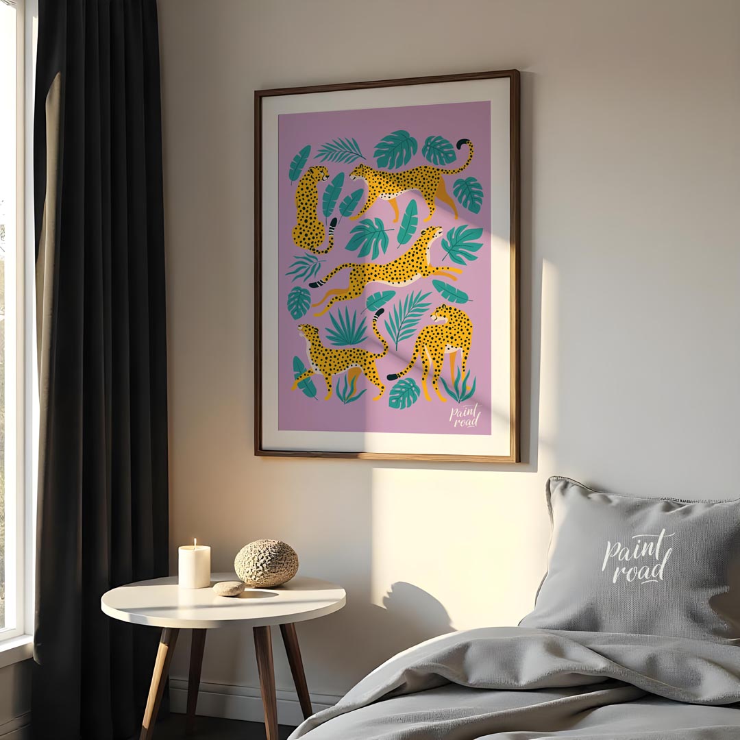 This vibrant and whimsical artwork features an array of stylized leopards in various playful poses,… for bedroom