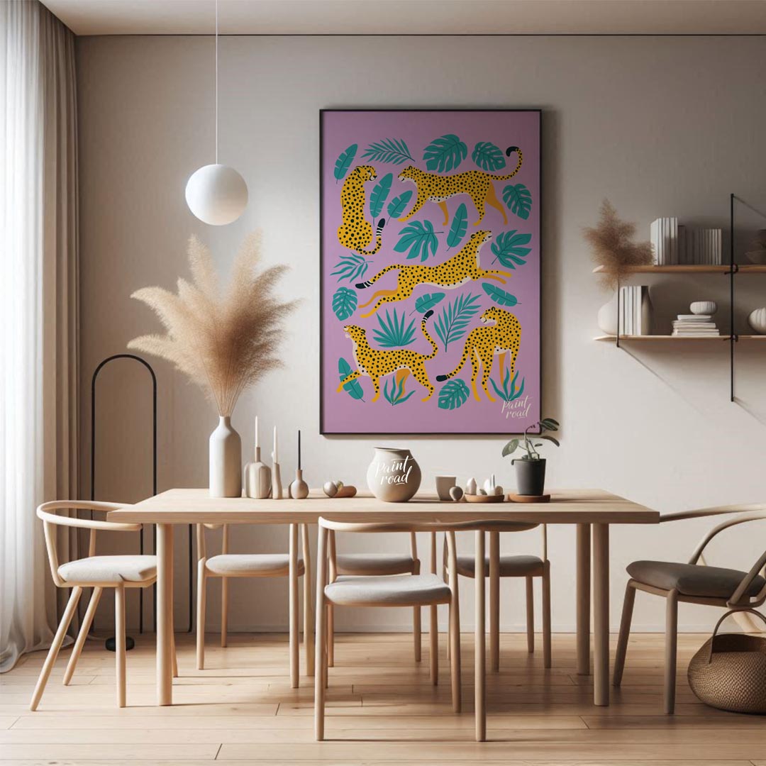 This vibrant and whimsical artwork features an array of stylized leopards in various playful poses,… for dining room