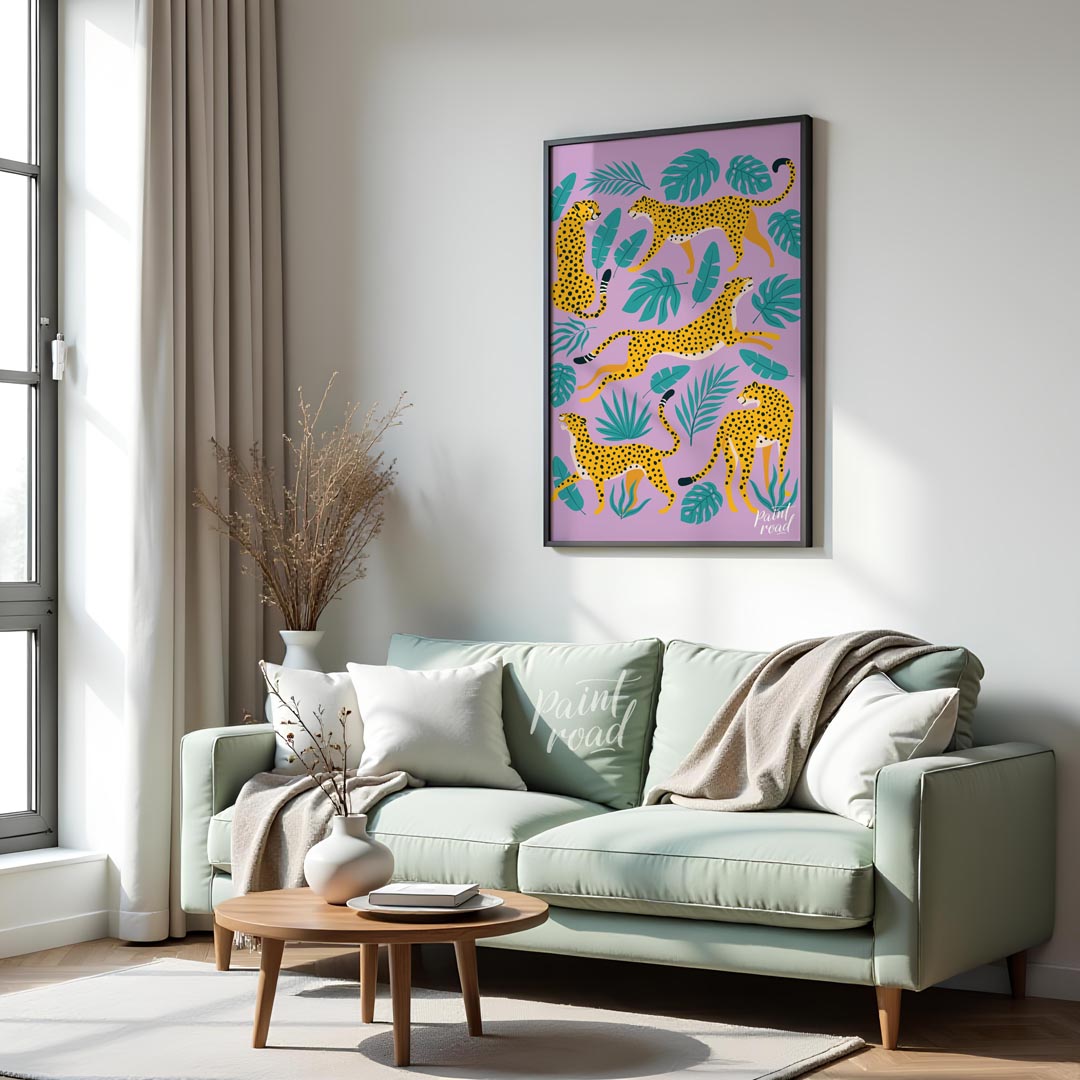 This vibrant and whimsical artwork features an array of stylized leopards in various playful poses,… for living room