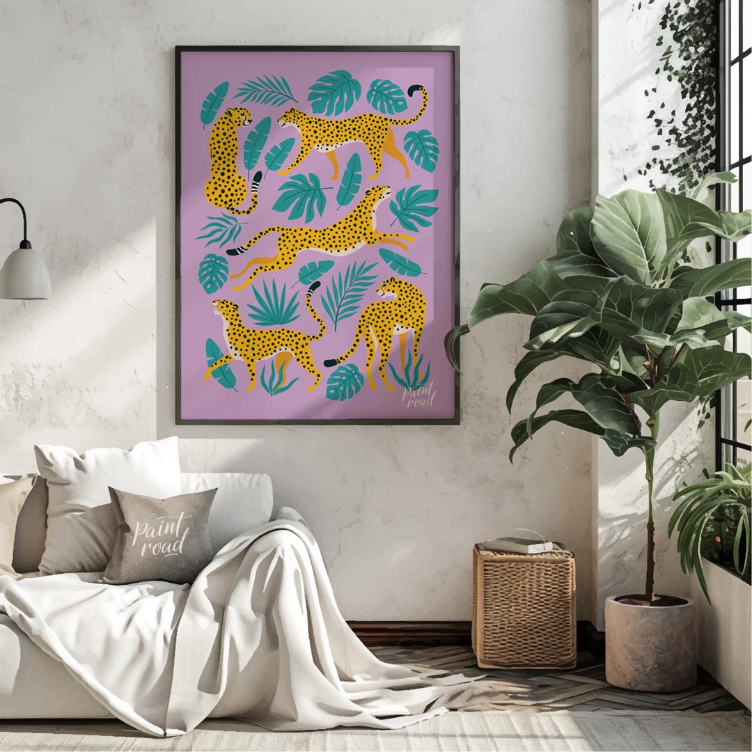 This vibrant and whimsical artwork features an array of stylized leopards in various playful poses,… for living room