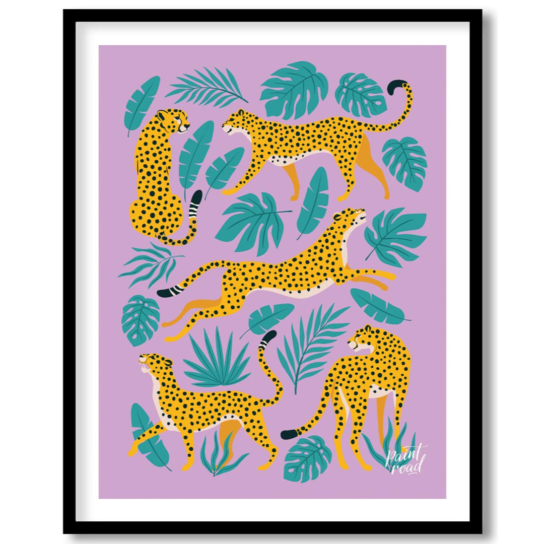 This vibrant and whimsical artwork features an array of stylized leopards in various playful poses,… for lovely house