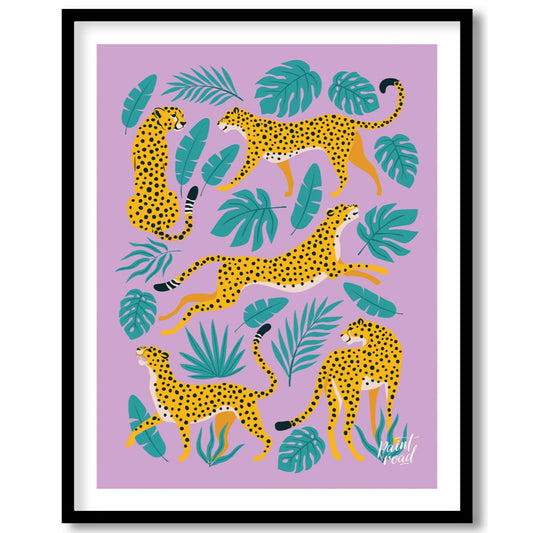 This vibrant and whimsical artwork features an array of stylized leopards in various playful poses,… for lovely house