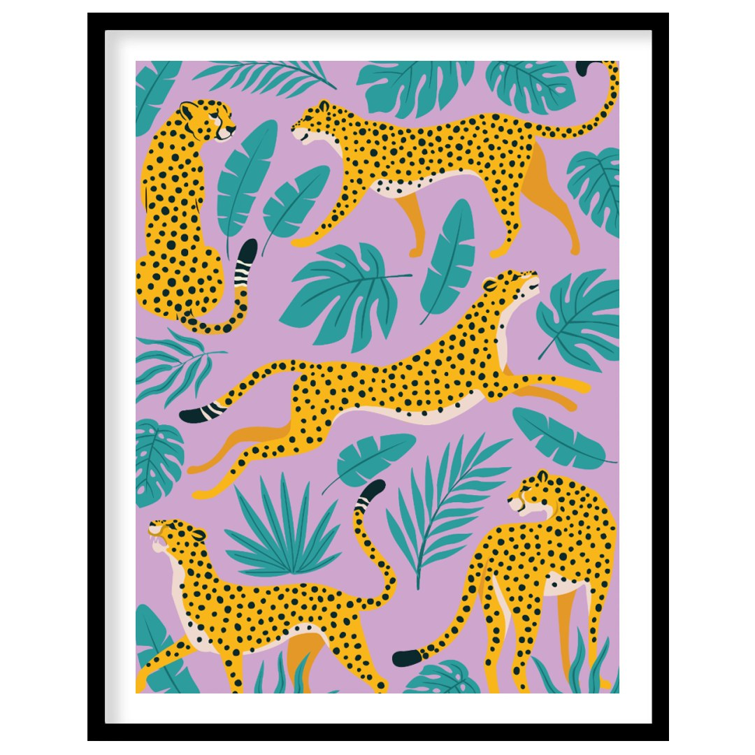 This vibrant and whimsical artwork features an array of stylized leopards in various playful poses,… for lovely house