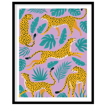 This vibrant and whimsical artwork features an array of stylized leopards in various playful poses,… for lovely house