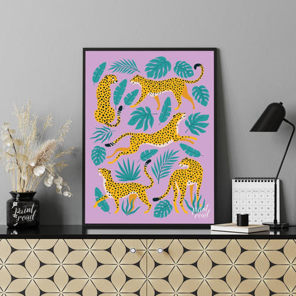 This vibrant and whimsical artwork features an array of stylized leopards in various playful poses,… for office