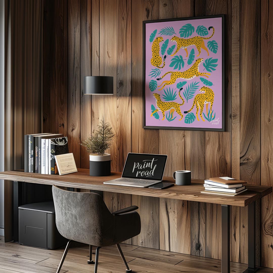 This vibrant and whimsical artwork features an array of stylized leopards in various playful poses,… for office