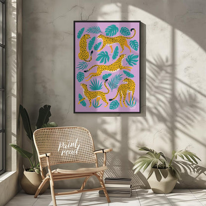 This vibrant and whimsical artwork features an array of stylized leopards in various playful poses,… for other