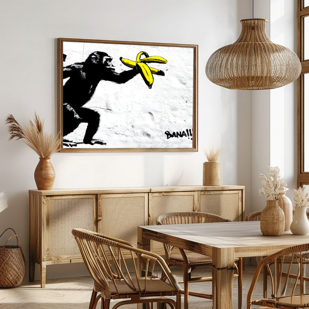 This striking piece features a playful primate interacting with bright yellow bananas, set against for Dining