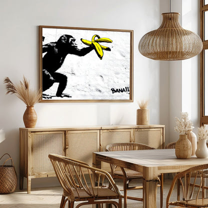 This striking piece features a playful primate interacting with bright yellow bananas, set against for Dining