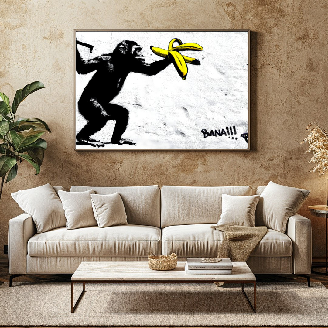 This striking piece features a playful primate interacting with bright yellow bananas, set against for Family Room