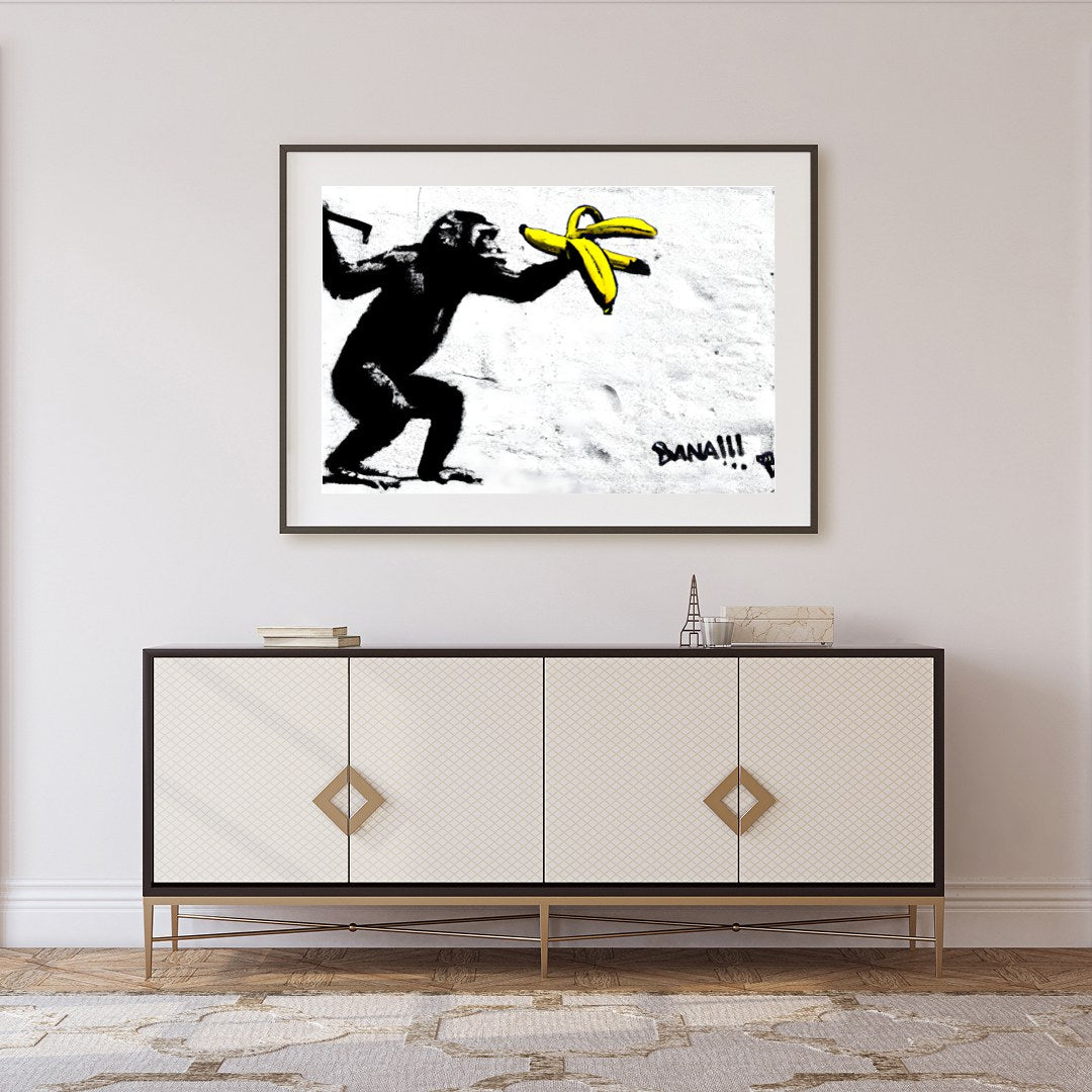 This striking piece features a playful primate interacting with bright yellow bananas, set against for Foyer