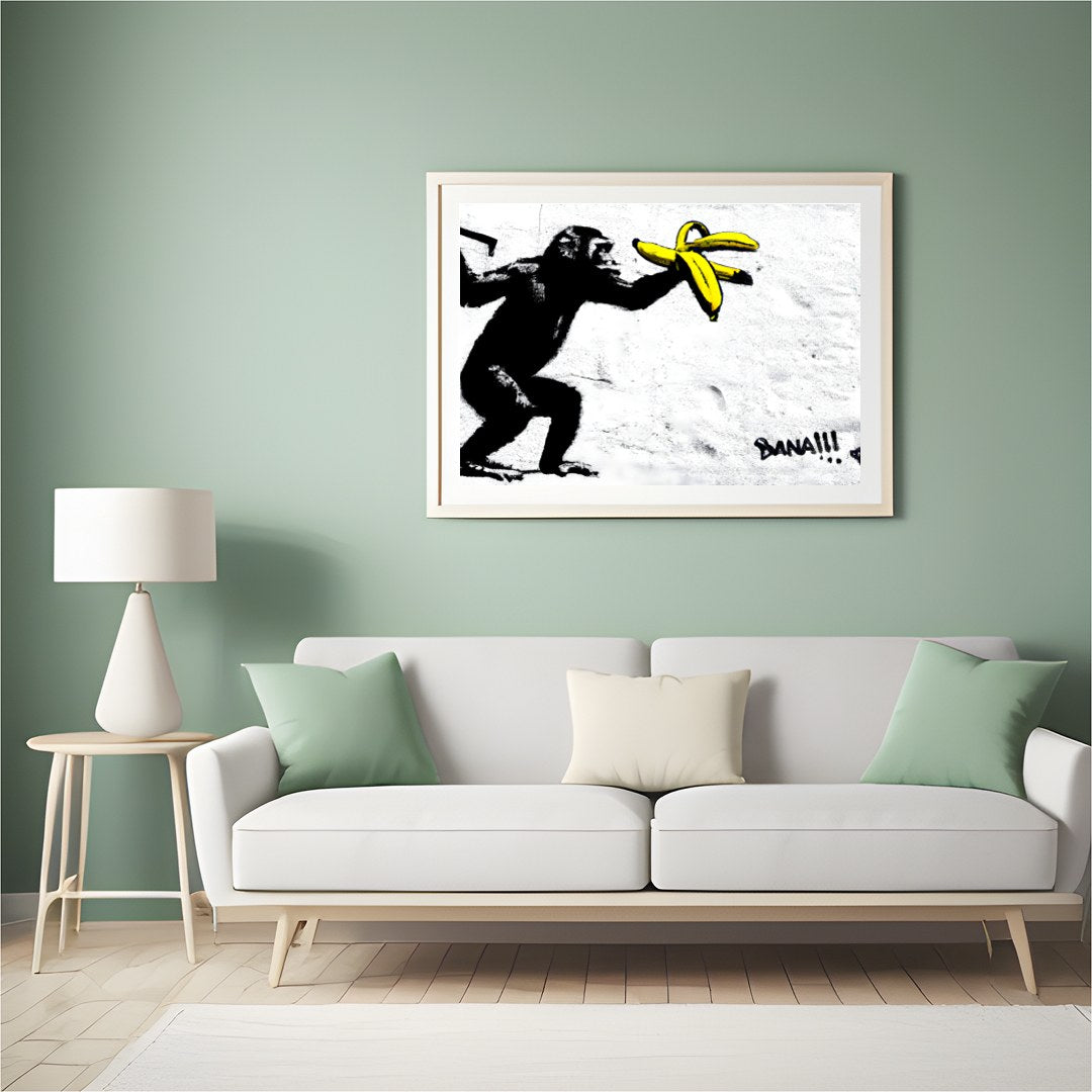 This striking piece features a playful primate interacting with bright yellow bananas, set against for Hall