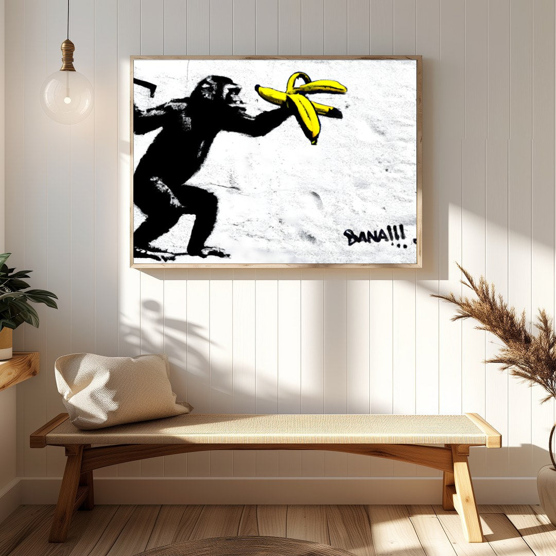 This striking piece features a playful primate interacting with bright yellow bananas, set against for Hallway