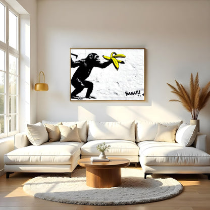 This striking piece features a playful primate interacting with bright yellow bananas, set against for Living Room